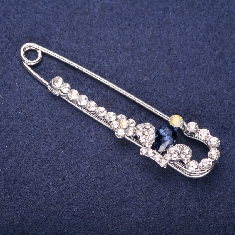 Crown Stick Pin Brooch, White Rhinestones, Blue Stone Color, 76x18mm, Silver-Tone Metal