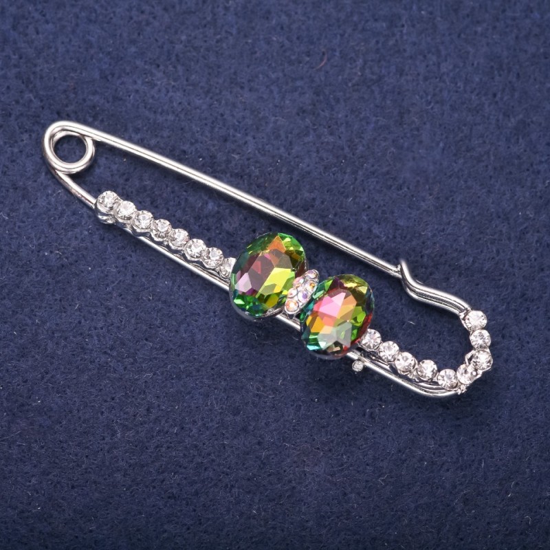 Sale! Stick Pin Brooch, White Rhinestones, Raspberry and Green Stone Color, 72x20mm, Silver-Tone Metal