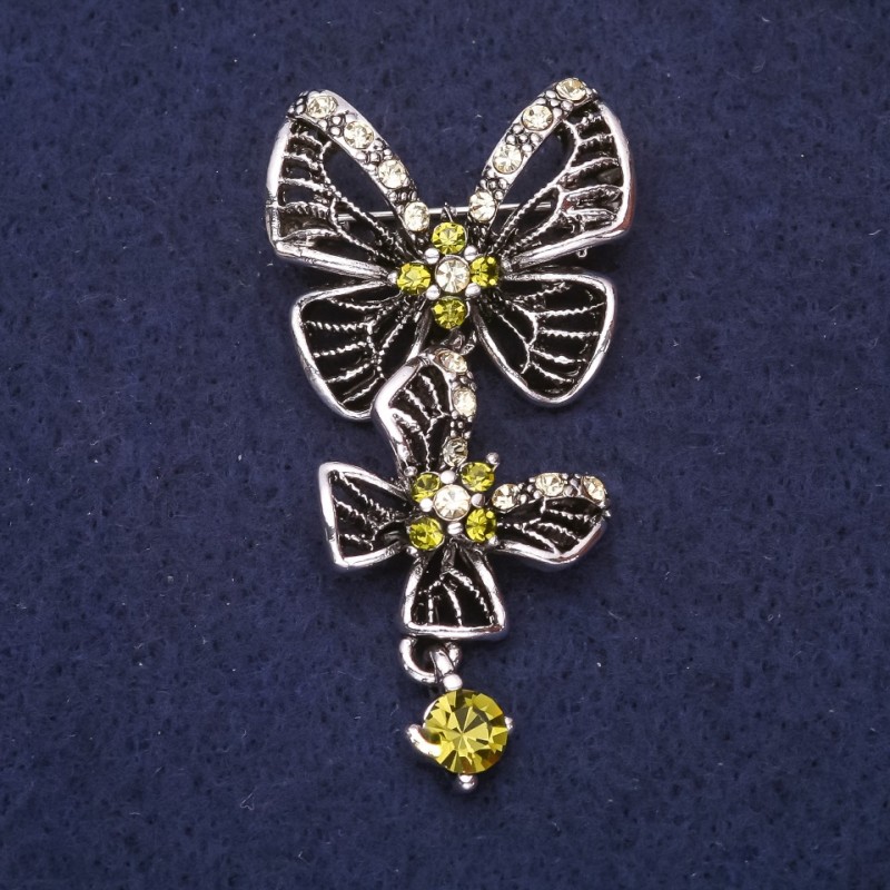 Butterfly Brooch with Green Rhinestones, 56x28mm, Silver-Tone Metal