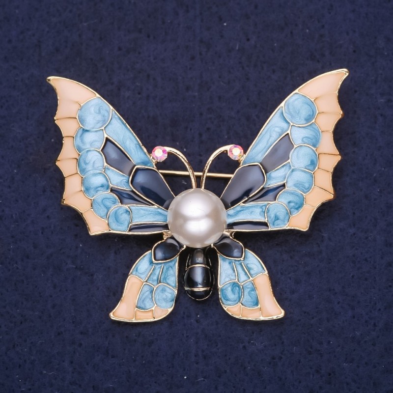 Butterfly Brooch with Pearl Bead, Blue and Beige Enamel, 40x50mm, Yellow Metal