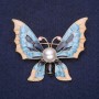 Butterfly Brooch with Pearl Bead, Blue and Beige Enamel, 40x50mm, Yellow Metal