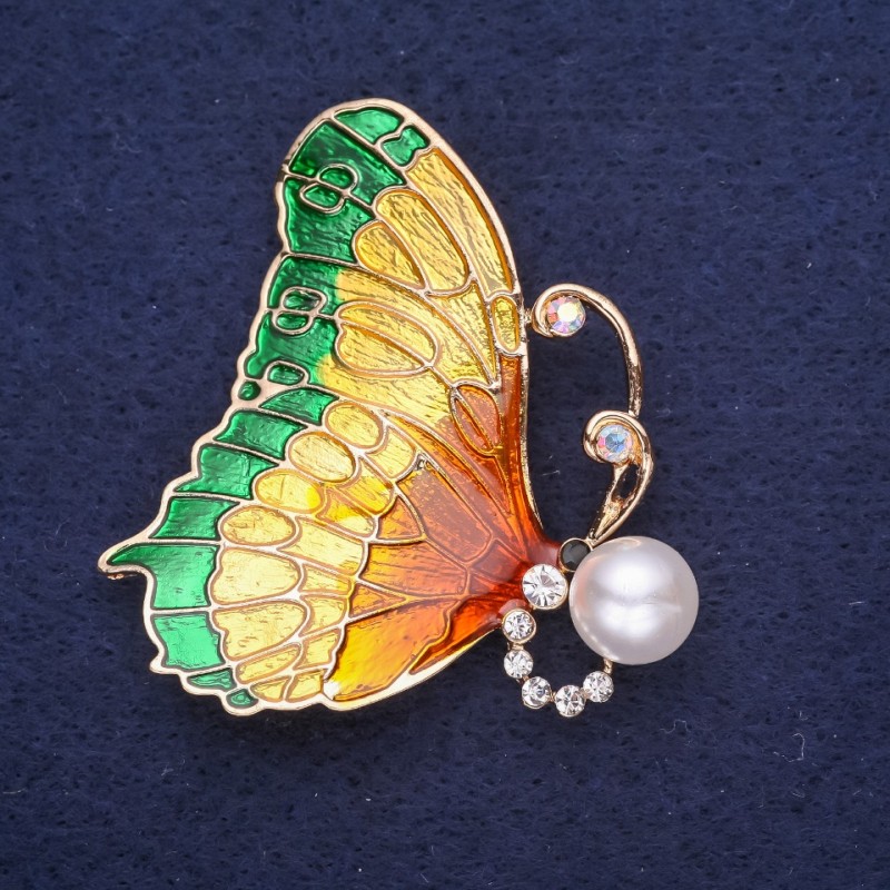 Sale! Butterfly Brooch, White Rhinestones, Enamel, Color Green Golden, 49x45mm, Gold-Tone Metal