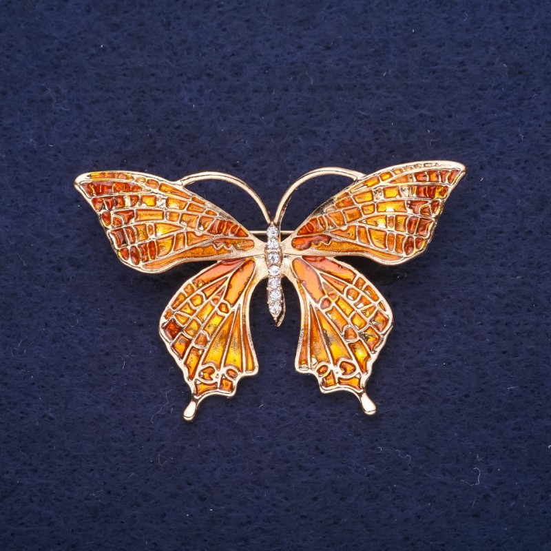 Sale! Butterfly Brooch, White Rhinestones, Enamel, Golden Color, 49x32mm, Gold-Tone Metal