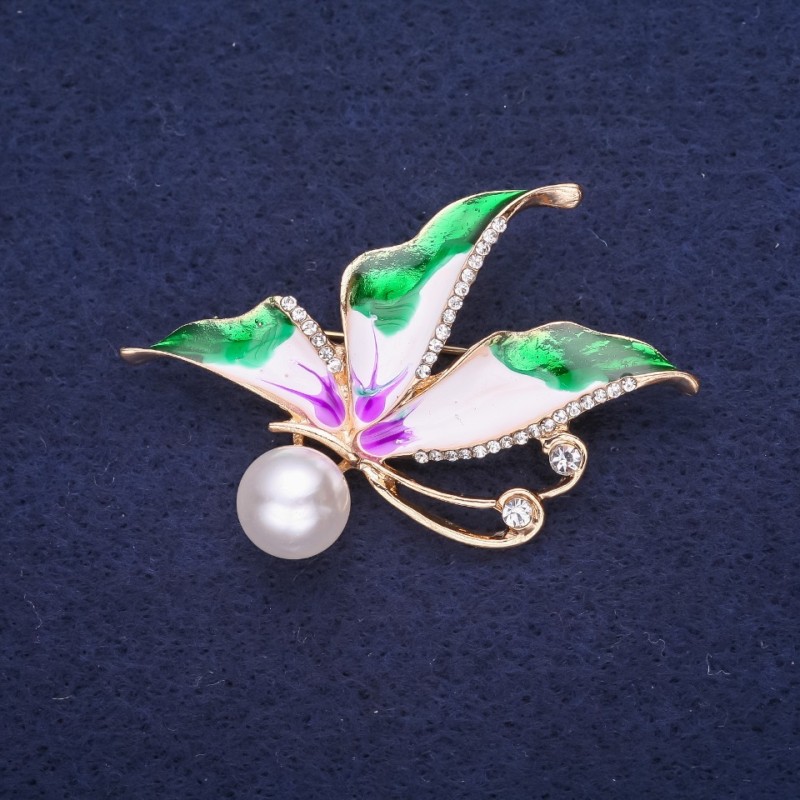 Sale! Butterfly Brooch, White Rhinestones, Enamel, Color Green White Lilac, with Pearl Bead, 40x30mm, Gold-Tone Metal