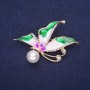 Sale! Butterfly Brooch, White Rhinestones, Enamel, Color Green White Lilac, with Pearl Bead, 40x30mm, Gold-Tone Metal