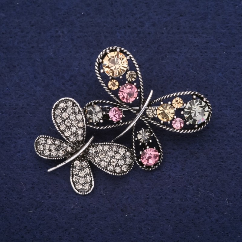 Sale! Butterflies Brooch with Rhinestones, Color Yellow Lilac Gray, 45x35mm, Silver-Tone Metal