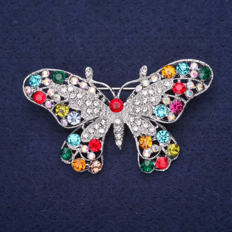 Sale! Butterfly Brooch with Rhinestones, Color Red Light Blue Pink Green Raspberry White, 57x34mm, Silver-Tone Metal