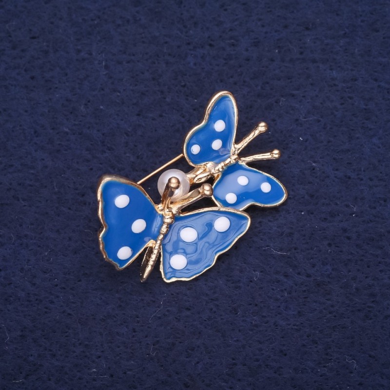 Sale! Butterflies Brooch, Enamel, Blue Color, 32x26mm, Gold-Tone Metal