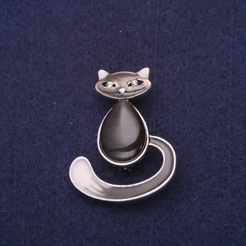 Brooch Cat Enamel Cat's Eye Black 39x30 mm Silver Metal