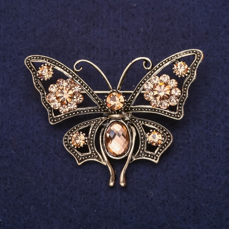 Butterfly Brooch with Rhinestones, Champagne Color, 54x40mm, Gold-Tone Metal