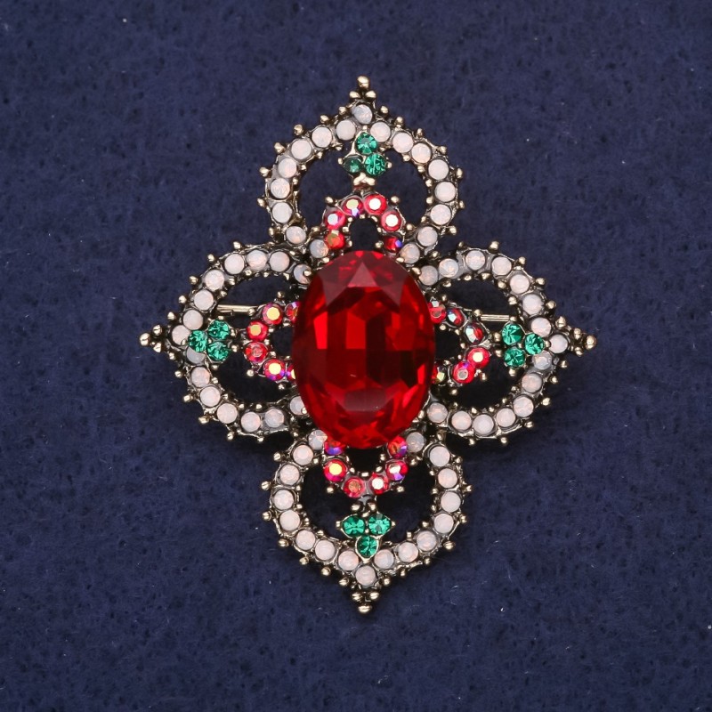 Order of Beauty Brooch with Stone and Rhinestones, Color Red White Green, 49x42mm, Gold-Tone Metal