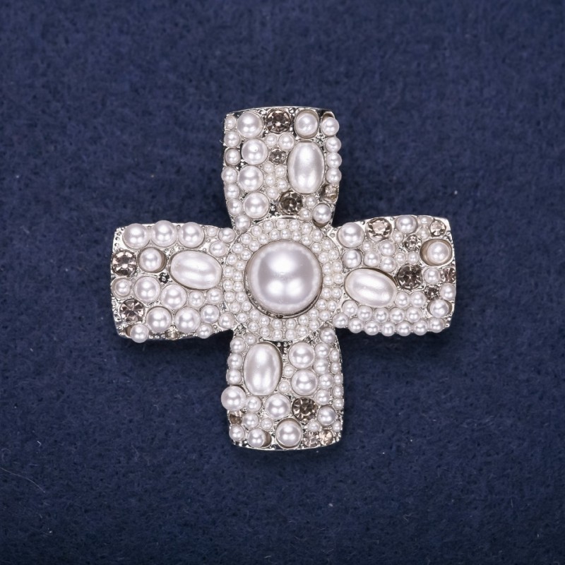 Brooch Order of Beauty Pearl Cross White 47x46mm Silver Metal