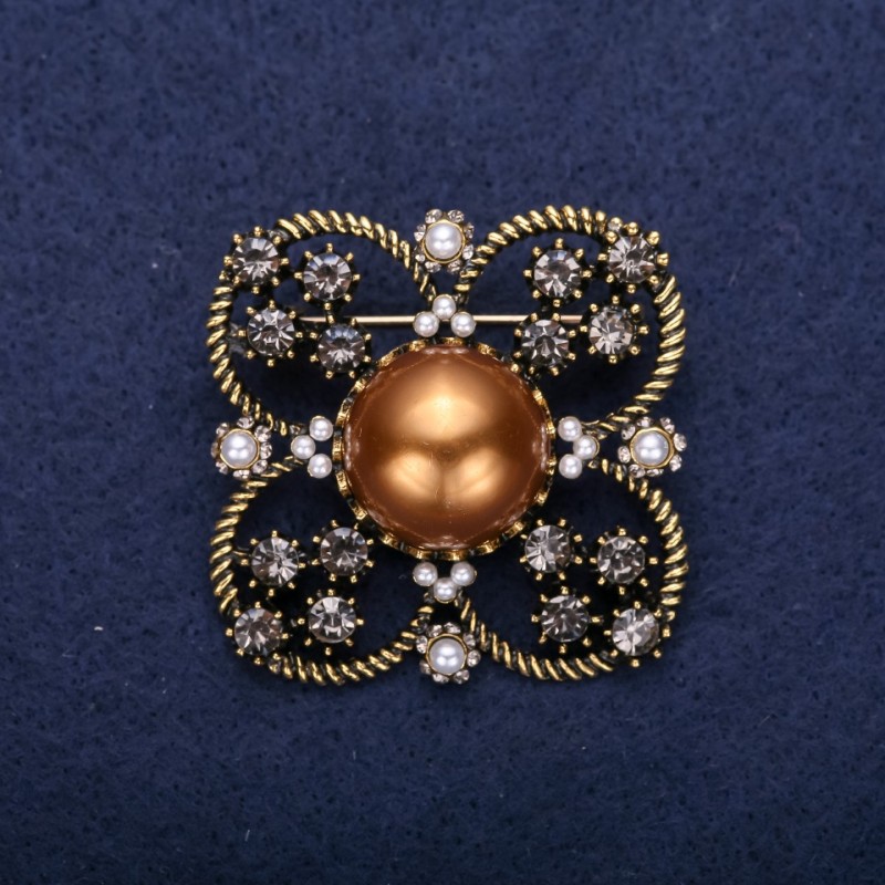 Sale! Order of Beauty Brooch with Half-Pearl Bead and Rhinestones, Color Brown Gray White, 42x51mm, Gold-Tone Metal