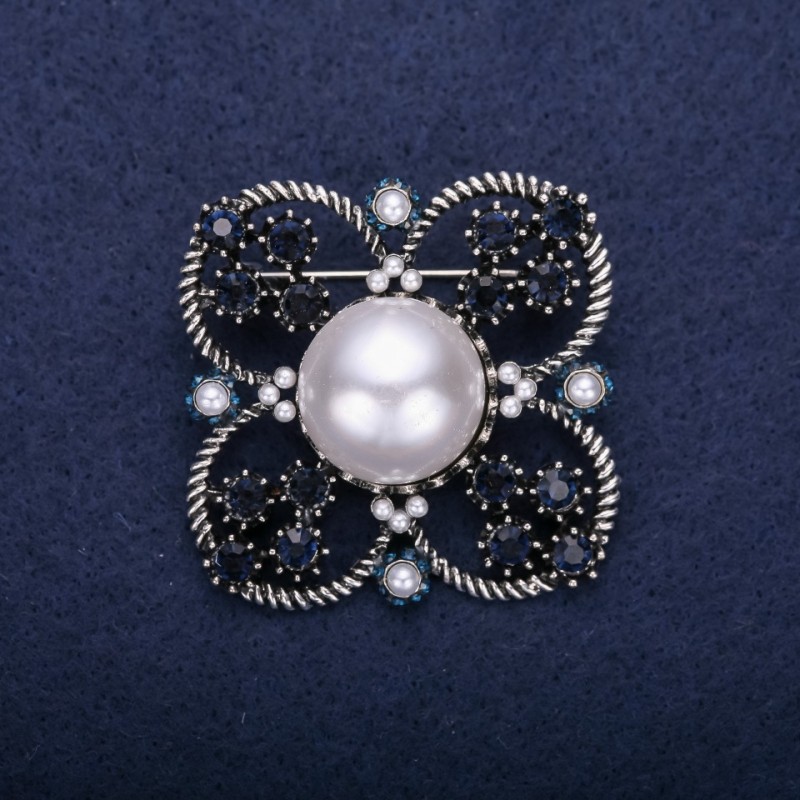 Sale! Order of Beauty Brooch with Half-Pearl Bead and Rhinestones, Color White Gray White, 42x51mm, Silver-Tone Metal