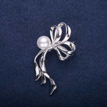 Sale! Clearance Bow Brooch with Pearl Bead White 50x30mm Silver Metal