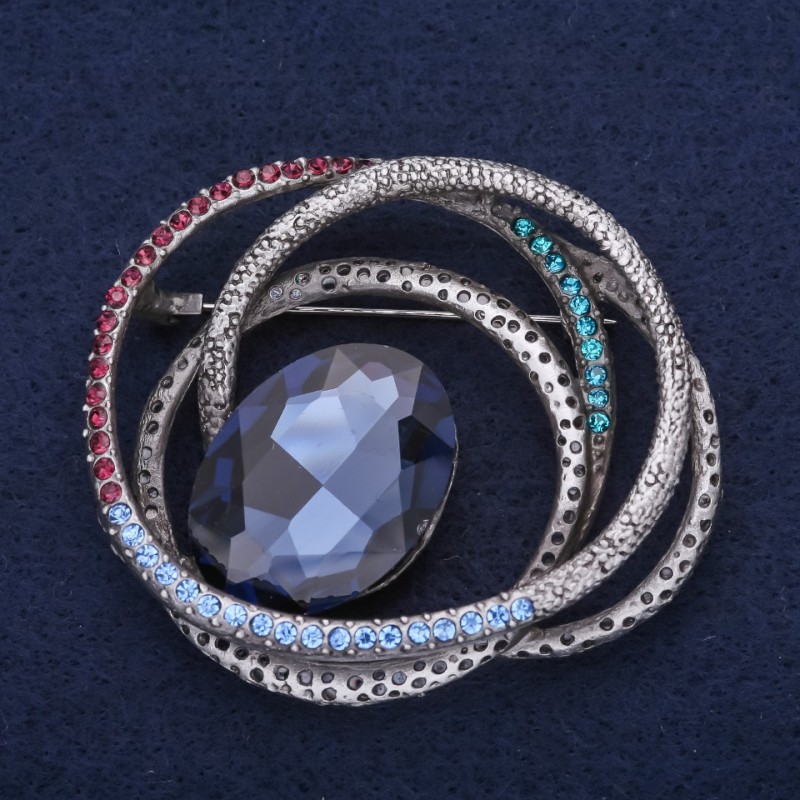 Large Accent Brooch Orbits with Rhinestones and Stone Blue Sky Blue Burgundy 60x52mm Silver-tone Metal