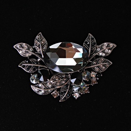 Large Accent Brooch, Botanical Design with Rhinestones and Stone, Black White Gray, 67x45mm, Silver-Tone Metal