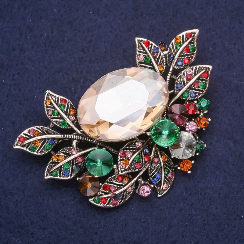 Large Accent Brooch Botanical Design with Rhinestones and Stone Multicolor 67x45mm Silver-tone Metal