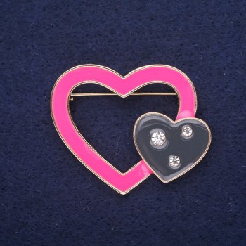 Sale! Hearts Brooch Enamel Black Pink 45x37mm Yellow Metal
