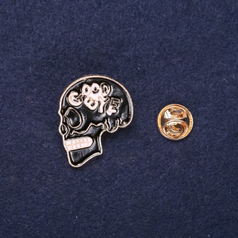 Skull Brooch Enamel Black White 28x24mm Yellow Metal Pin Back Screw Clasp