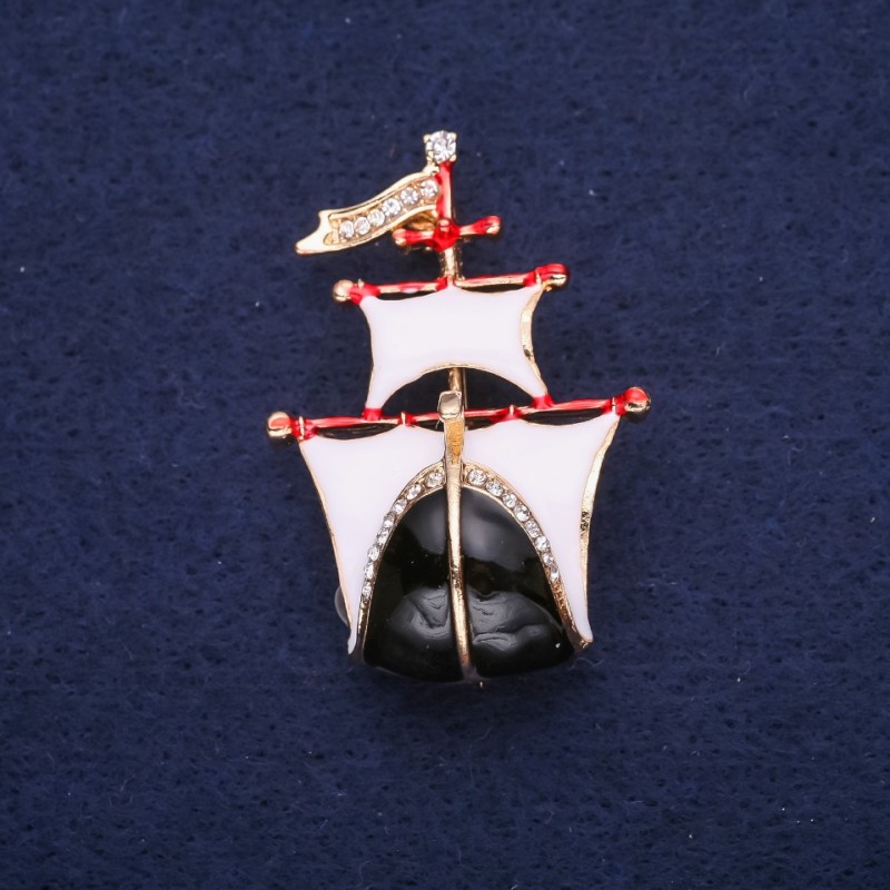 Ship Brooch, White & Black Enamel, 30x44mm, Yellow Metal