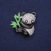 Sale! Panda Brooch with Rhinestones Enamel White Black Green 28x28mm Silver Metal