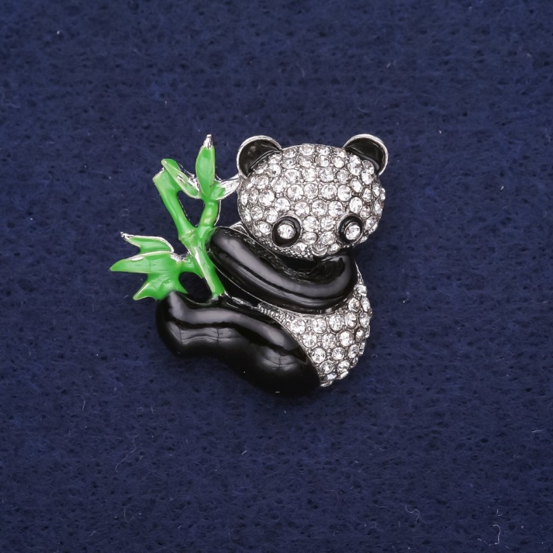 Sale! Panda Brooch with Rhinestones Enamel White Black Green 28x28mm Silver Metal