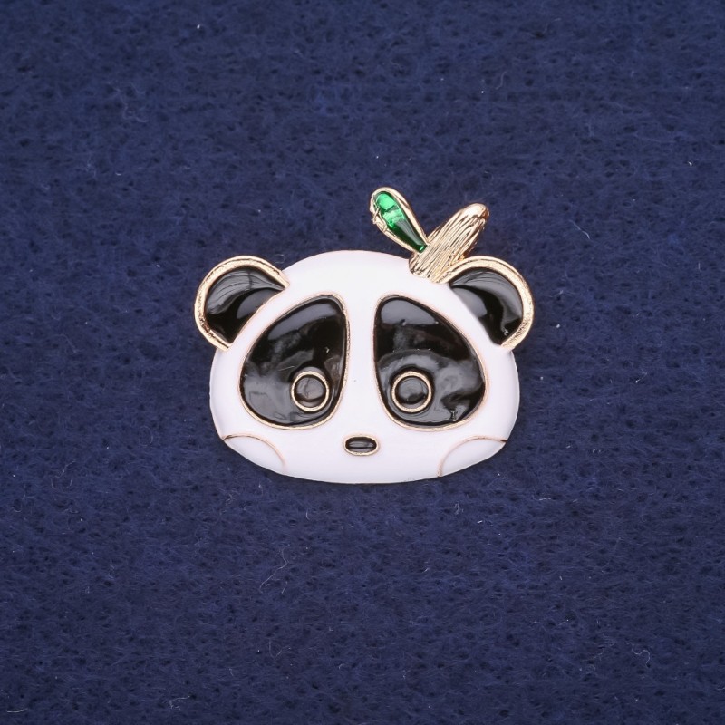 Sale! Panda Brooch Enamel White Black Green 28x24mm Yellow Metal