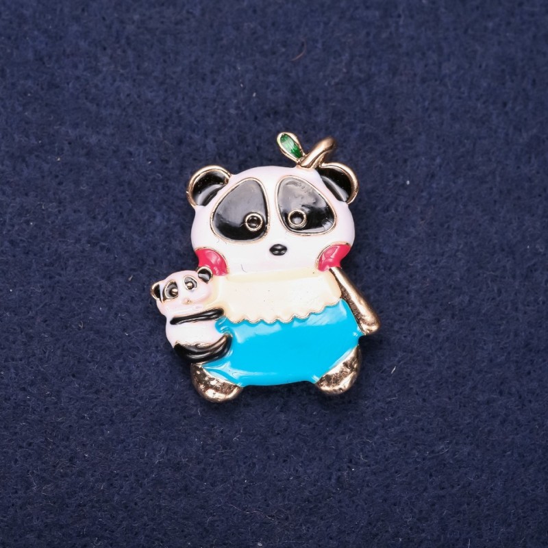 Panda Brooch Enamel White Blue Beige 32x28mm Yellow Metal