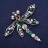 Sale! Large Dragonfly Brooch with Rhinestones, Green Gray White, 65x69mm, Silver Metal
