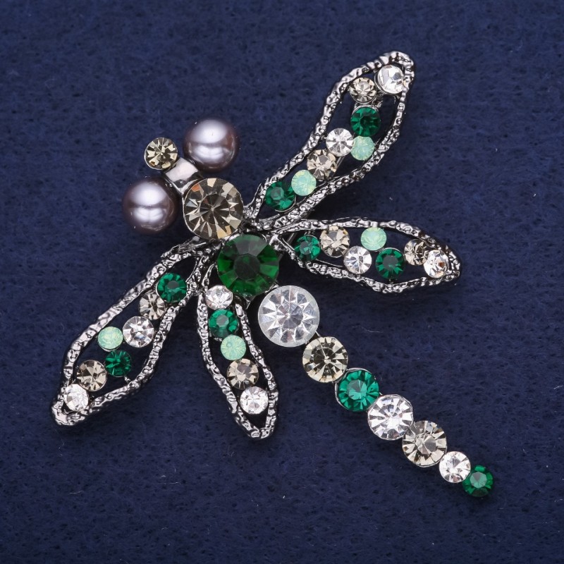Sale! Large Dragonfly Brooch with Rhinestones, Green Gray White, 65x69mm, Silver Metal