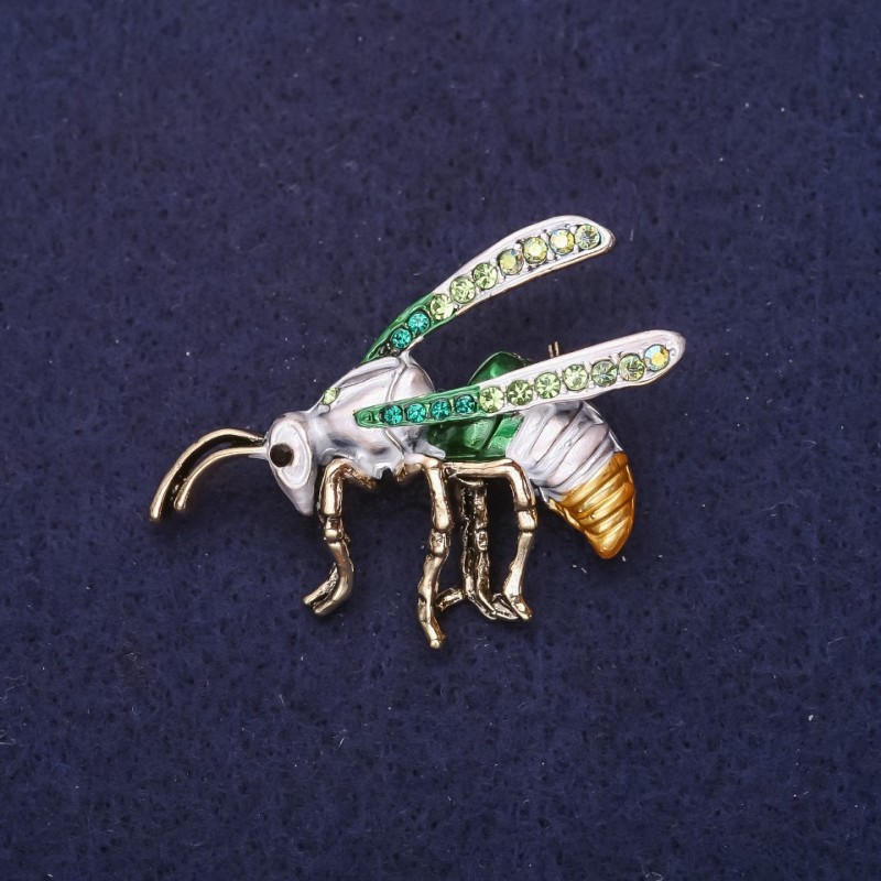 Wasp Brooch Rhinestones Enamel Gray Green Gold 42x32mm Yellow Metal