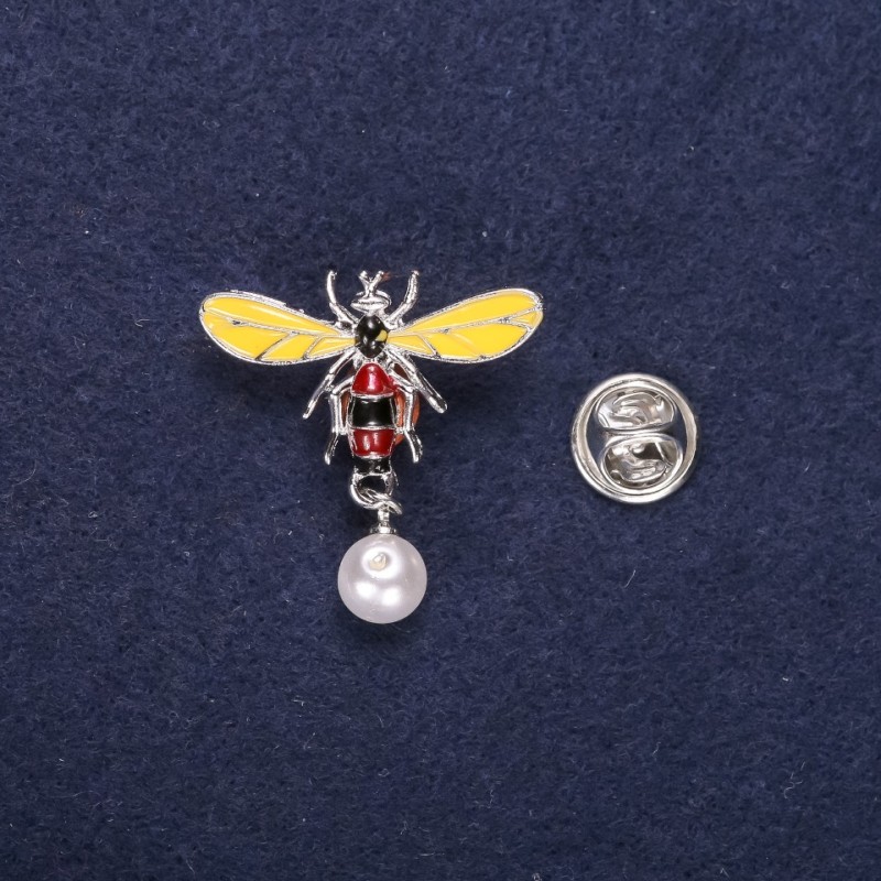 Bee Brooch with Pearl Bead, Enamel, Yellow Brown White, 29x32mm, Silver Metal