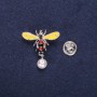 Bee Brooch with Pearl Bead, Enamel, Yellow Brown White, 29x32mm, Silver Metal