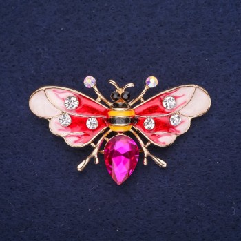 Sale! Butterfly-Bee Brooch with Rhinestones, Enamel and Stone, Color Red White Yellow Black Raspberry, 53x30mm, Gold-Tone