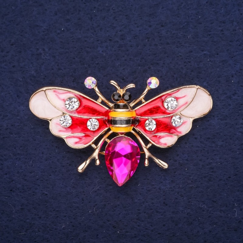 Sale! Butterfly-Bee Brooch with Rhinestones, Enamel and Stone, Color Red White Yellow Black Raspberry, 53x30mm, Gold-Tone