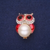 Sale! Owl Brooch with Pearl Bead, Enamel Rhinestones White Red Black 32x22mm Gold-Tone Metal