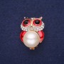 Sale! Owl Brooch with Pearl Bead, Enamel Rhinestones White Red Black 32x22mm Gold-Tone Metal