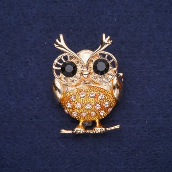 Owl Brooch Rhinestones Pink Black Yellow 38x27mm Gold-Tone Metal