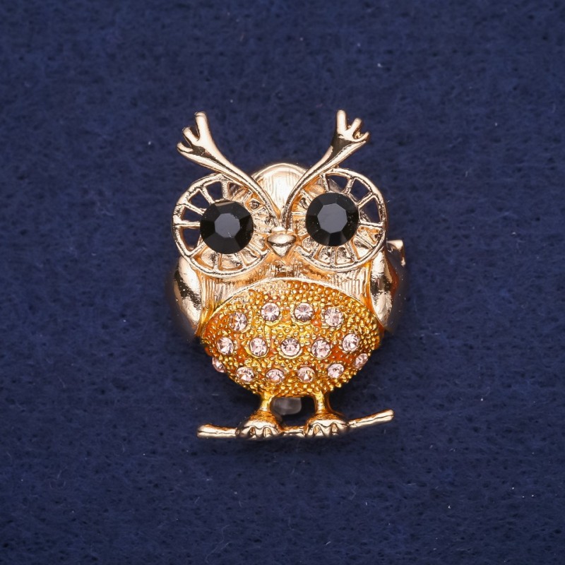 Owl Brooch Rhinestones Pink Black Yellow 38x27mm Gold-Tone Metal