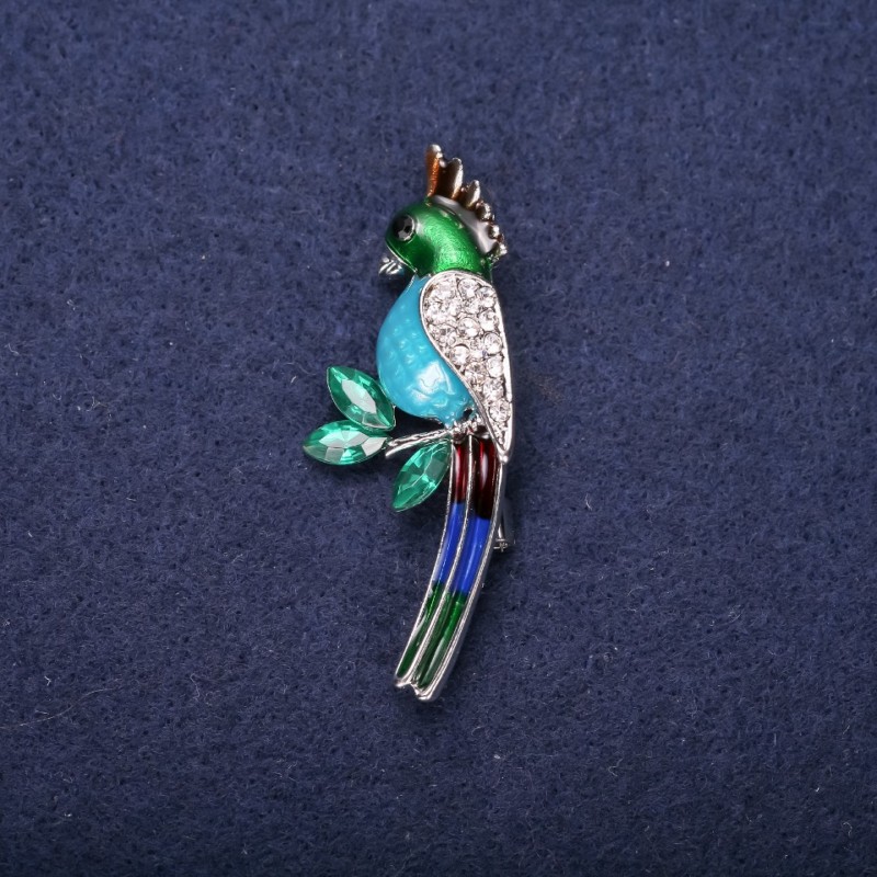 Sale! Parrot Brooch Enamel Rhinestones Blue Sky Blue Green White 50x20mm Silver-Tone Metal