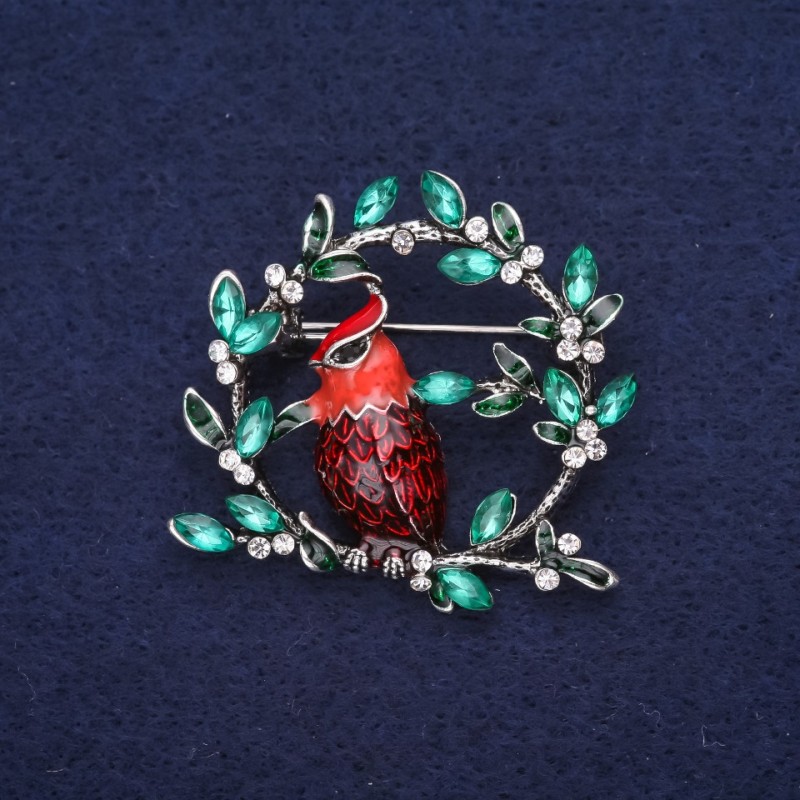 Sale! Bird on a Branch Brooch with Rhinestones and Enamel, Red Green Burgundy, 38x40mm, Silver-Tone Metal