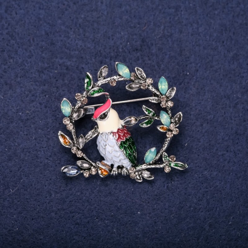 Sale! Bird on a Branch Brooch with Rhinestones and Enamel, Red White Blue Green, 38x40mm, Silver-Tone Metal