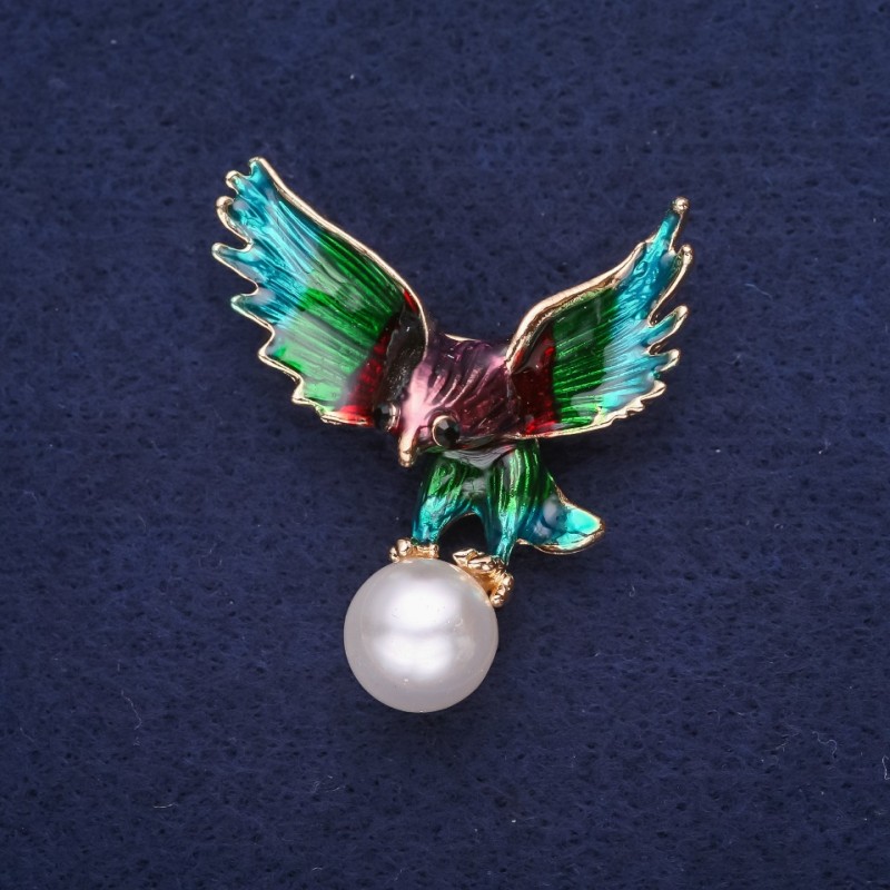 Sale! Eagle Bird Brooch with Pearl Bead, Enamel Teal Burgundy Green Purple, Gold-Tone Metal
