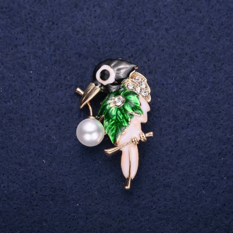 Sale! Bird Brooch Rhinestones Enamel Black White Green 37x24mm Gold-Tone Metal