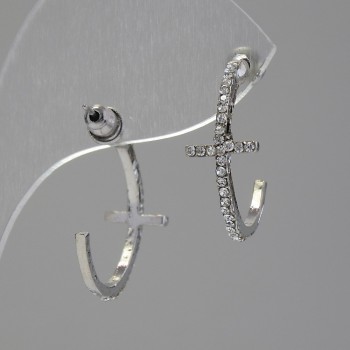 Cross Design Hoop Stud Earrings with Rhinestones / Silver-Tone Metal / 35 x 12mm