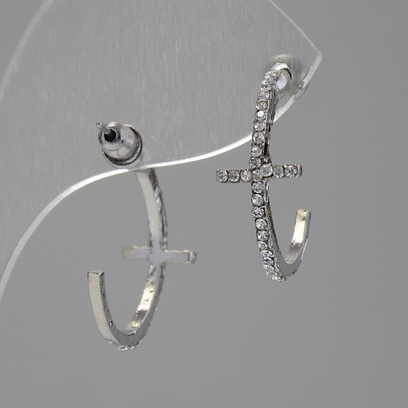 Cross Design Hoop Stud Earrings with Rhinestones / Silver-Tone Metal / 35 x 12mm