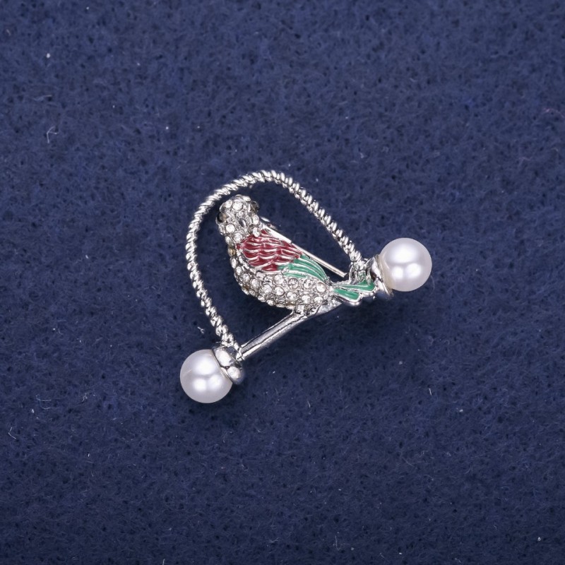 Sale! Bird Brooch Rhinestones Green Burgundy 32x23mm Silver-Tone Metal