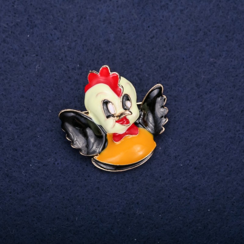 Hen Bird Brooch Enamel Black Yellow Red 35x35mm Gold-Tone Metal