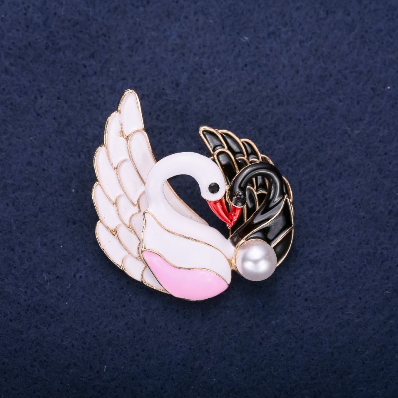 Swan Birds Brooch Rhinestones Enamel White Pink Black Red 43x38mm Gold-Tone Metal